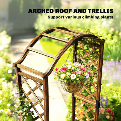 Wooden Garden Arch with 2 Planter Boxes | Trellis for Climbing Vines & Roses | Carbonised Fir Wood | Water Lacquer Finish | 25kg Capacity | 170.5x42x200cm | Carbonised
