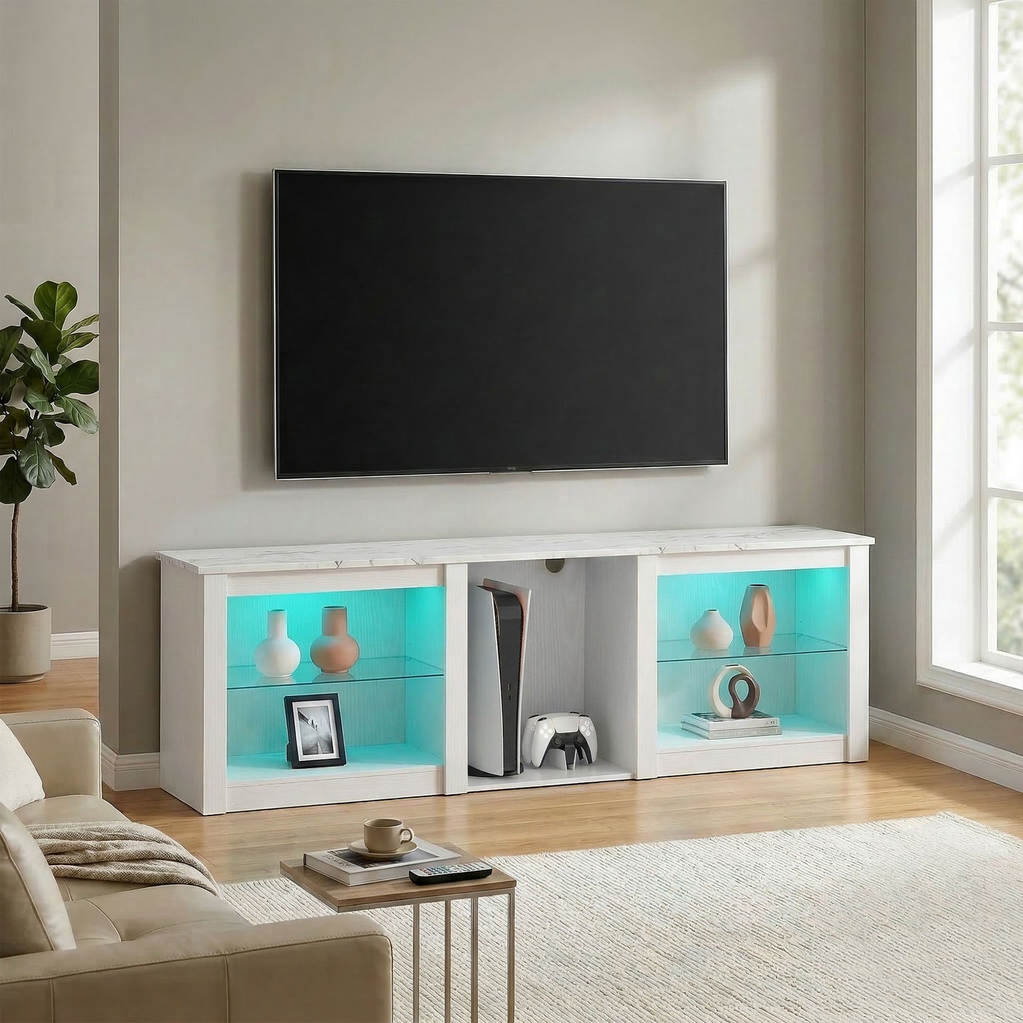 70" TV Stand with RGB LED Lights & Storage – 16 Modes, 7 Colours, 5 Compartments, Adjustable Glass Shelves, Cable Management, Marble-Effect Top – White