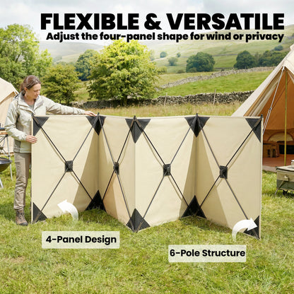 Outsunny Camping Windbreak 480 x 120cm – 4-Panel Pop-Up Wind Blocker, Level 6 Wind Resistance, PU-Coated Oxford Fabric, 3-Min Setup, 12 Stakes & 7 Guy Ropes – Khaki