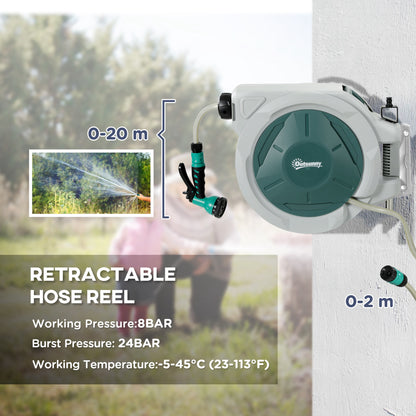 Wall Mounted Retractable Garden Hose Reel | 20+2m | Auto Rewind & Lockable | 7-in-1 Spray Nozzle | 180° Swivel | UV-Resistant PP | 8 Bar Working Pressure | 48x20x42cm | Green