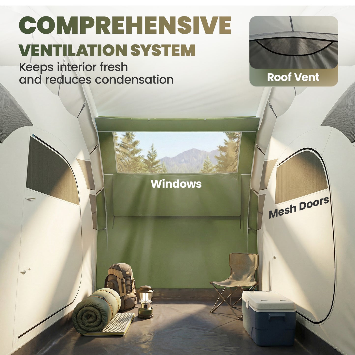 Inflatable Tent | 2 Bedrooms | 4 Person | 5-Min Setup | 3000mm Waterproof | Level 4 Wind | Awning | Carry Bag | Green