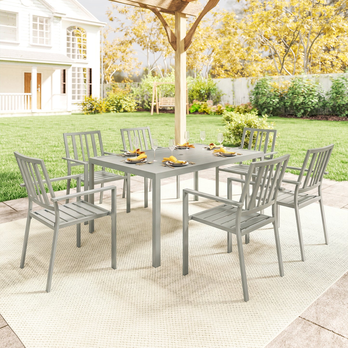 7-Piece Garden Dining Set | 152cm Table with Umbrella Hole | 6 Stackable Armchairs | Galvanised Steel | 120kg Per Chair | Seats 6 | 152 x 96.5 x 72cm | Light Grey