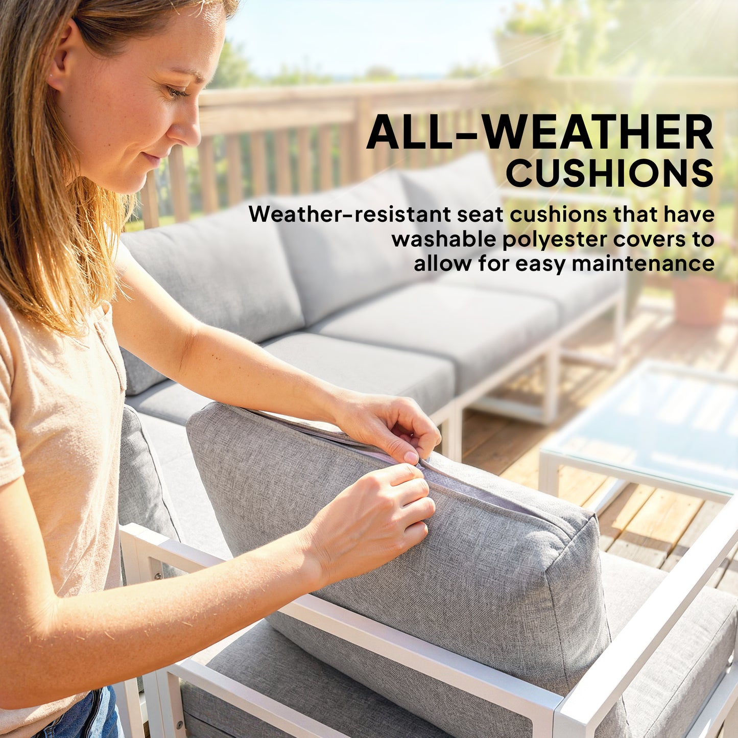 6-Piece Modular Aluminium Garden Sofa Set | Corner, 2 Middle & 2 Side Sofas | Tempered Glass Coffee Table | 10cm Seat & 18cm Back Cushions | Washable Covers | White Frame | Light Grey | 267x135x63cm