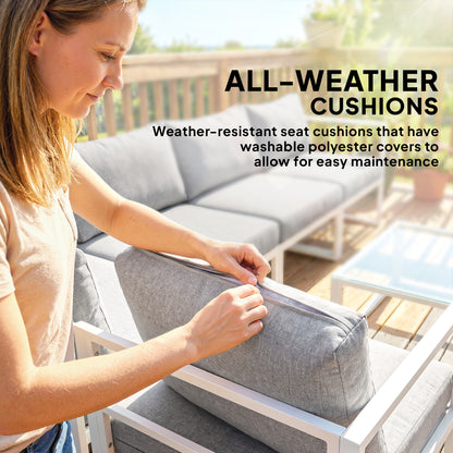 6-Piece Modular Aluminium Garden Sofa Set | Corner, 2 Middle & 2 Side Sofas | Tempered Glass Coffee Table | 10cm Seat & 18cm Back Cushions | Washable Covers | White Frame | Light Grey | 267x135x63cm