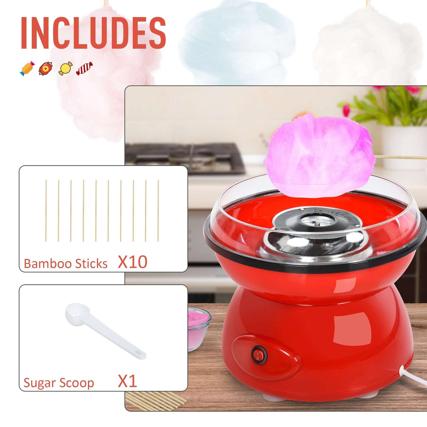450W Electric Candyfloss Machine Kit Non-Stick Plates Fairground Fun Children Adult Party Gift Home Sweet Metal Body w/ Accessories