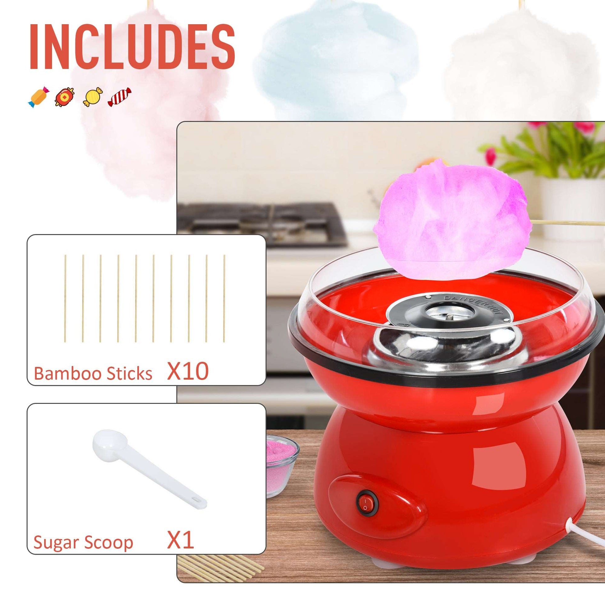 450W Electric Candyfloss Machine Kit Non-Stick Plates Fairground Fun Children Adult Party Gift Home Sweet Metal Body w/ Accessories