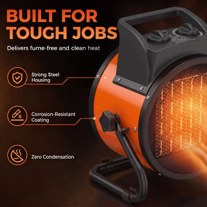 2800W Industrial PTC Ceramic Fan Heater | 3 Modes Fan 1400W 2800W | Manual Tilt | Stepless Thermostat | Thermal Cutout | IP20 | 28m² | Fume-Free | Carry Handle | 26.5x21x29cm | Orange & Black