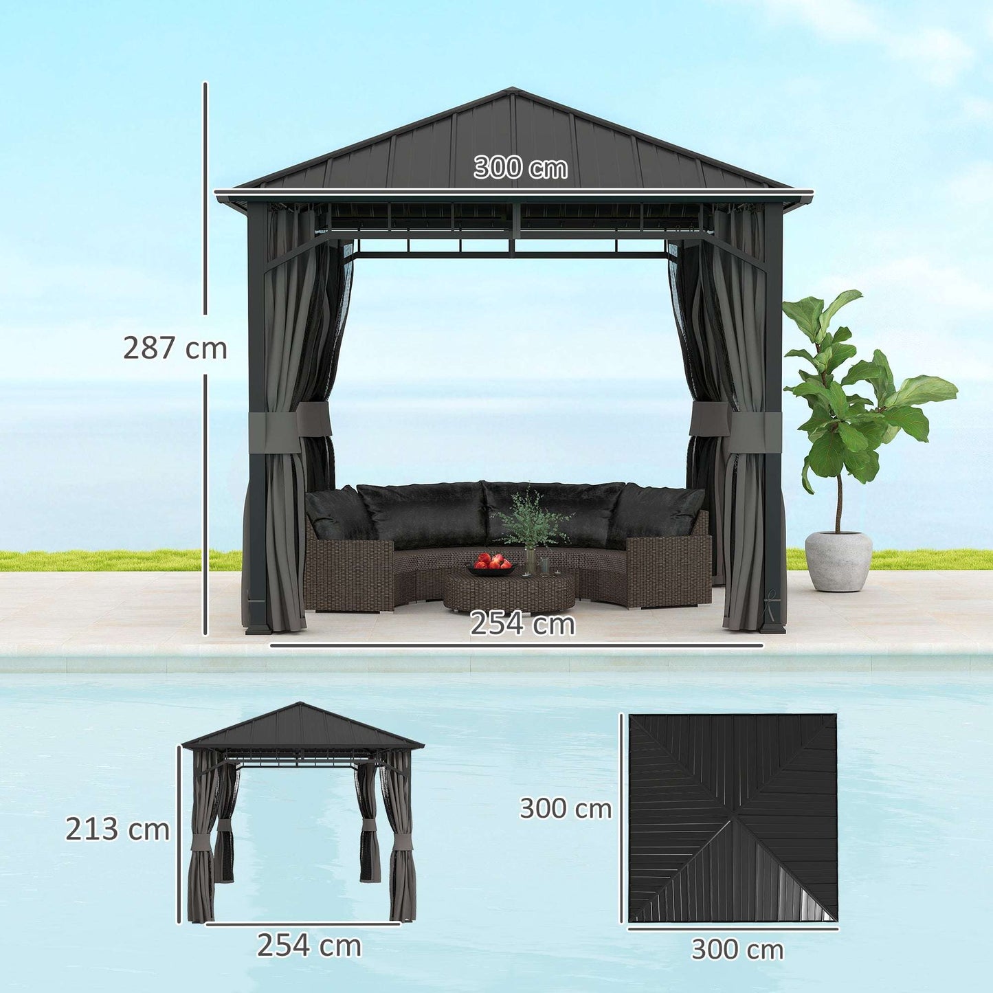 3 x 3(m) Hardtop Gazebo with Galvanised Steel Roof and Water Gutter, Waterproof Permanent Pavilion Garden Gazebo with Netting, Curtains