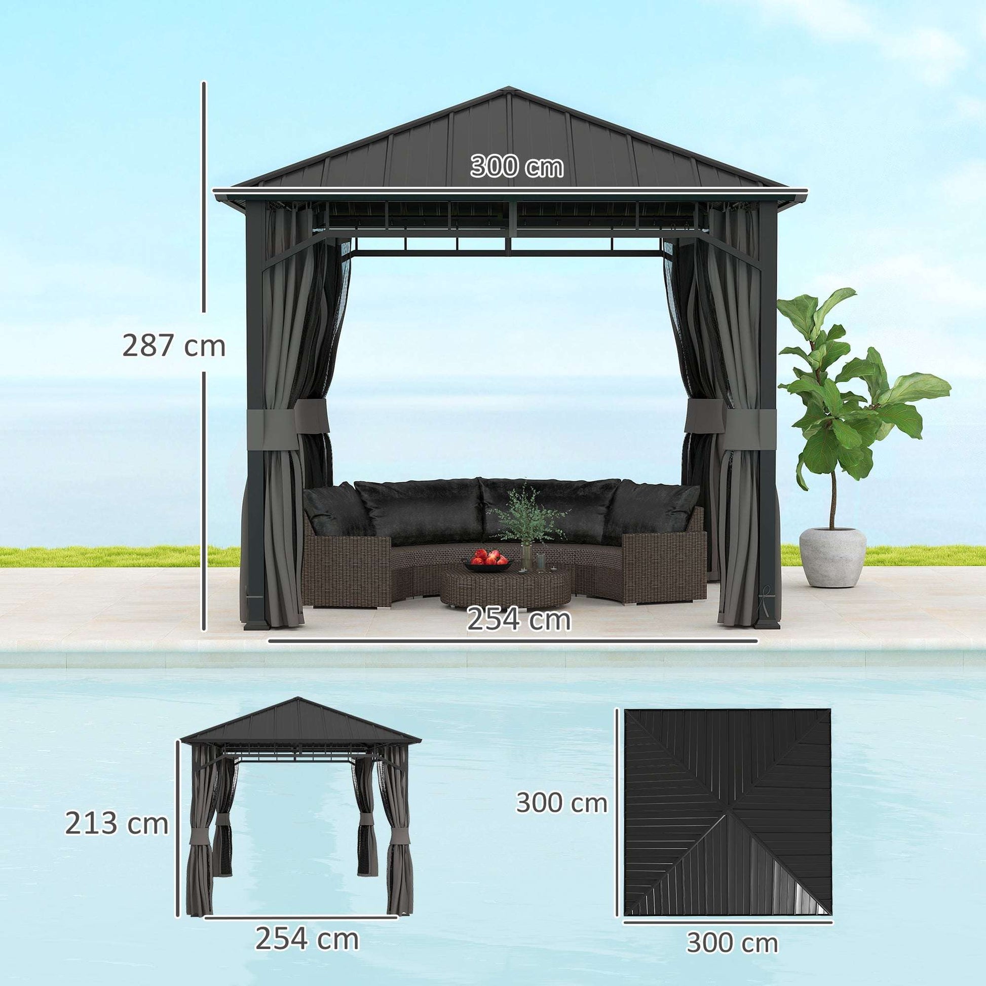 3 x 3(m) Hardtop Gazebo with Galvanised Steel Roof and Water Gutter, Waterproof Permanent Pavilion Garden Gazebo with Netting, Curtains