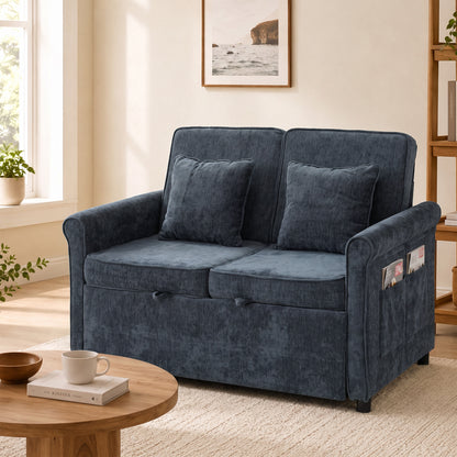 2 Seater Sofa Bed | Dark Blue Chenille Convertible Sleeper with 5-Position Backrest