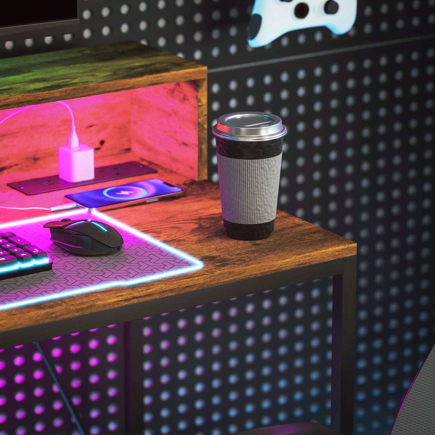 Computer Desk W/ LED Lights and Power Outlets, Gaming Desk W/ Monitor Stand, Computer Table with Remote for Home Office Study, Rustic Brown