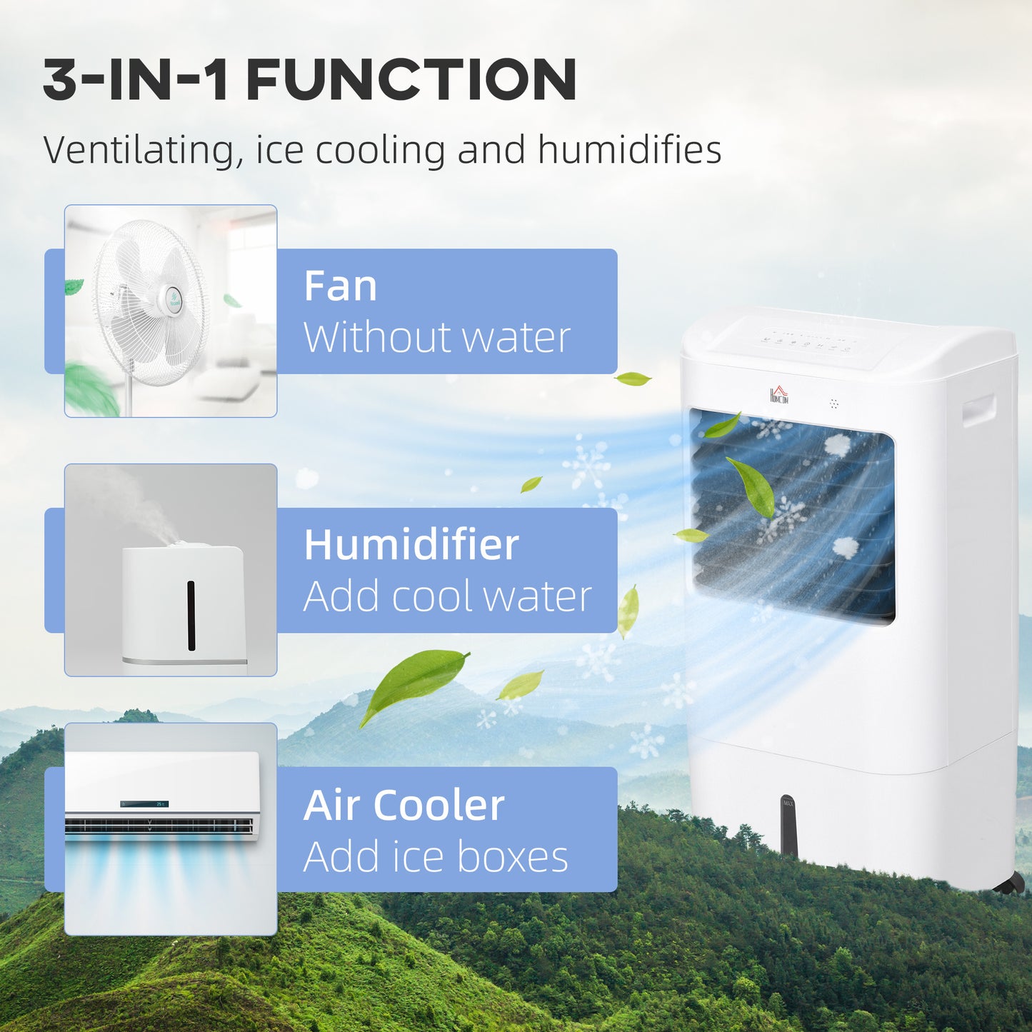 78cm Portable Evaporative Air Cooler, 3-In-1 Ice Cooling Fan Cooler, Humidifier Unit with Remote, 7.5H Timer, Oscillating 15L Water Tank White