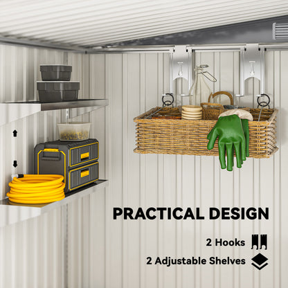 Galvanised Steel Lean-To Garden Storage Shed | Sliding Door | 2 Hooks & 2 Adjustable Shelves | 2 Vents | Floor Foundation Included | 40kg/m² Snow Rating | 154x206.5x181cm | 2.81m² | Light Grey Wood Effect