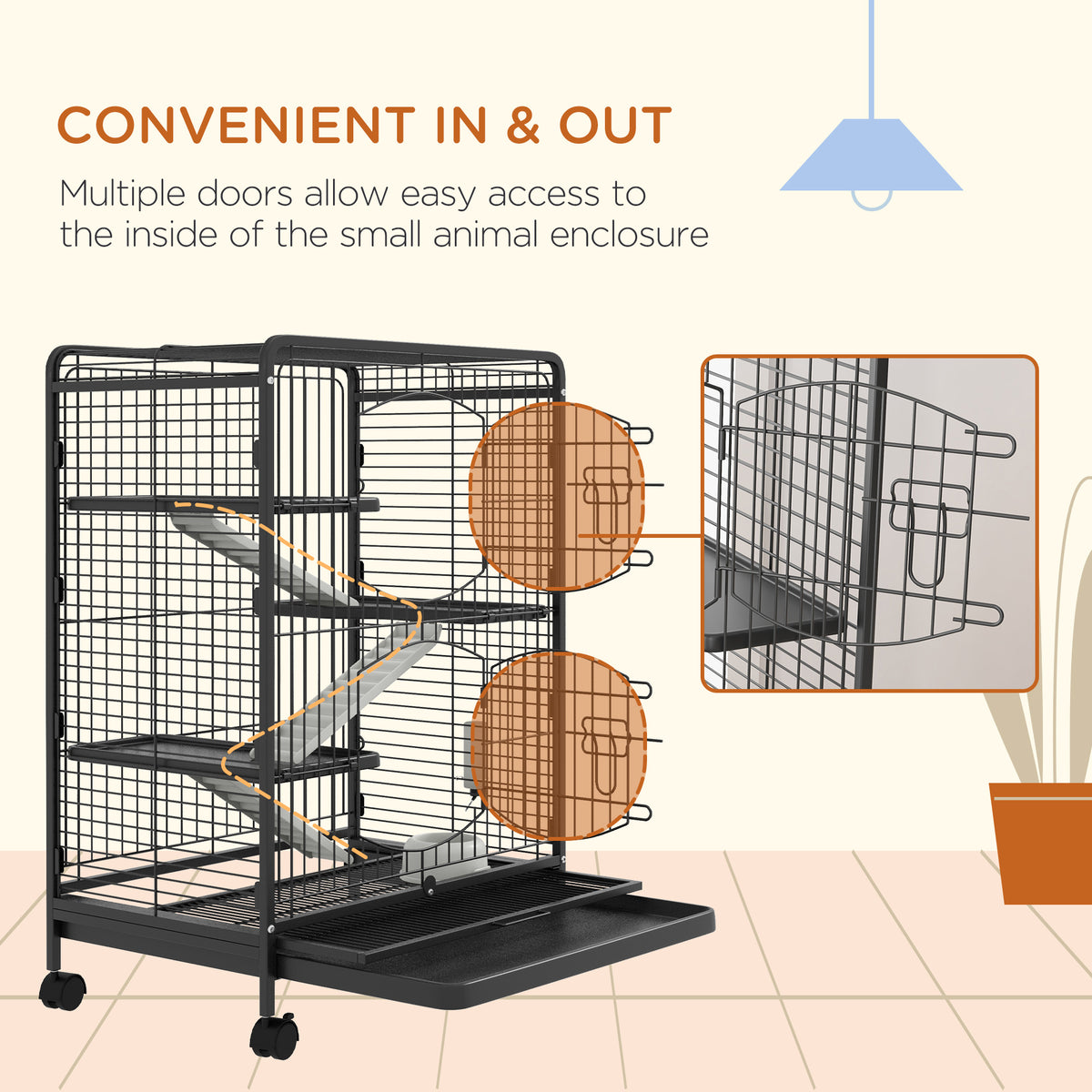 PawHut 4-Level Small Animal Cage | 95cm Tall Black | Metal PP Mesh | 3 Platforms 3 Ramps | Removable Tray | Rolling Lockable Wheels | Food Dish & Water Bottle | Multi-Door Access | 61.5x44x95cm
