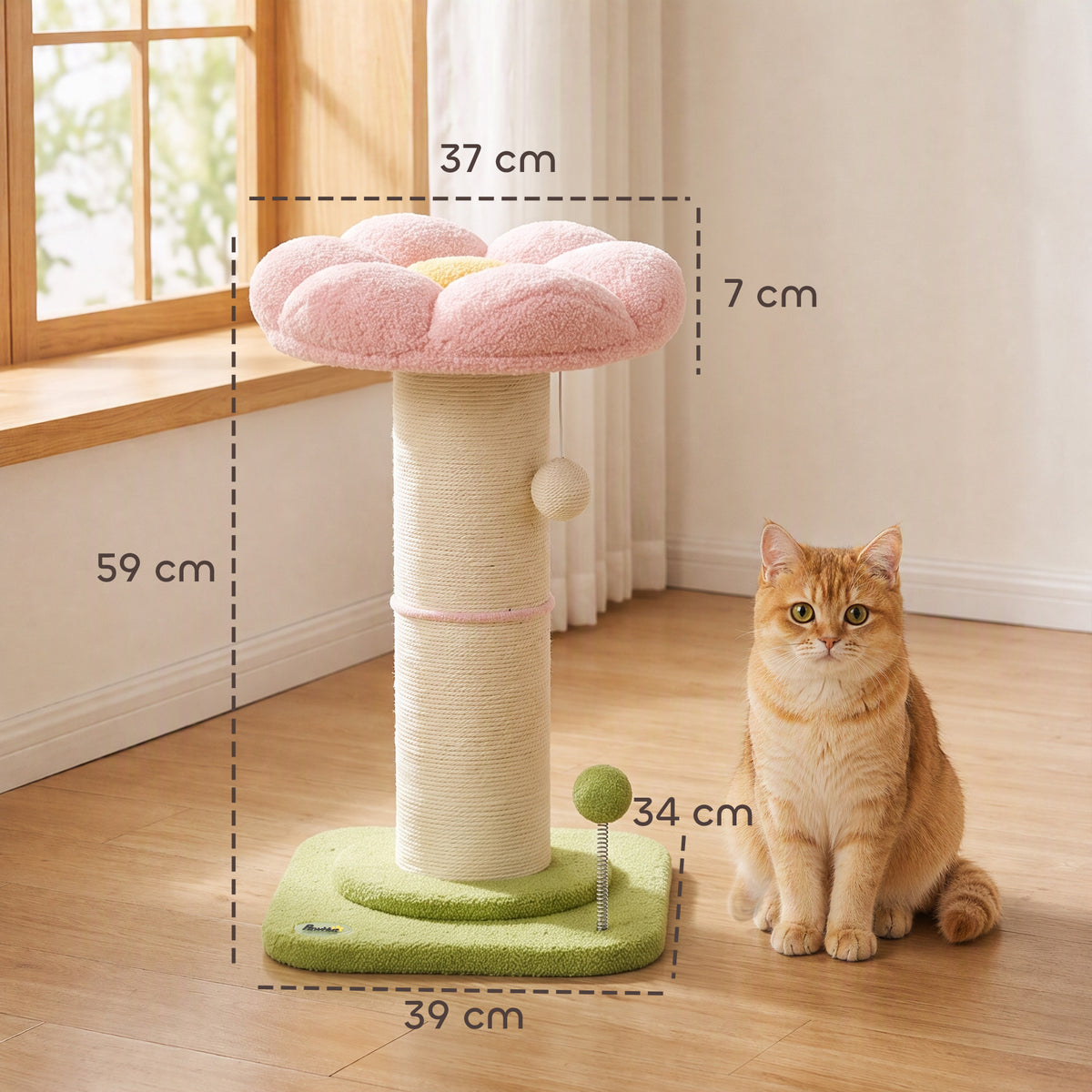 Pink & Green Compact Cat Tree | 59 cm Indoor Scratching Post with Flower Perch, Teddy Plush Bed & Spring Toys | For Cats Up to 5 kg