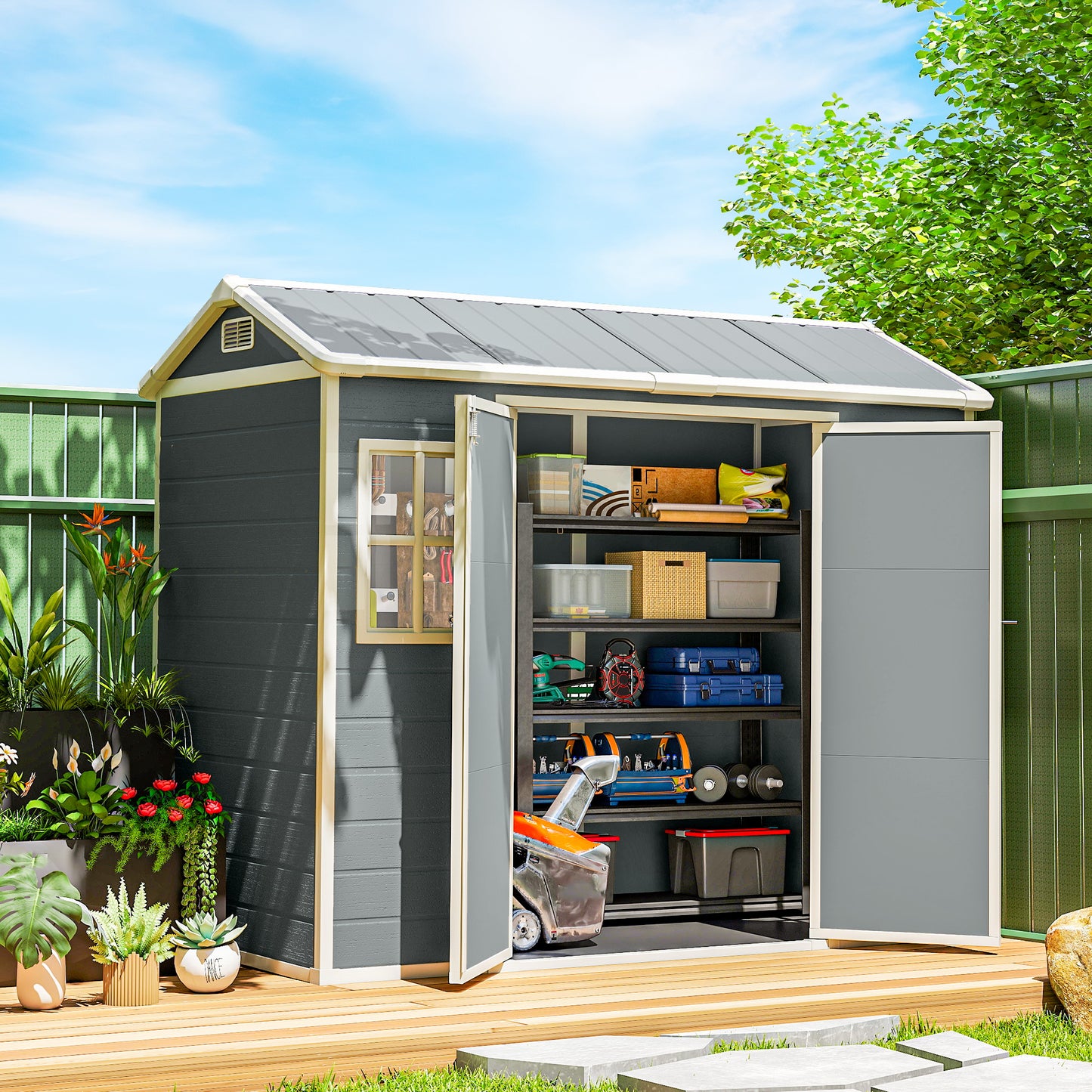 PP & Aluminium Garden Storage Shed | Wood-Grain Texture | Apex Roof | 116cm Double Doors | Lock & Keys | 2 Windows | 2 Vents | UV-Resistant | 40kg/m² Snow Load | 244x131x201cm | 2.77m² | Light Grey