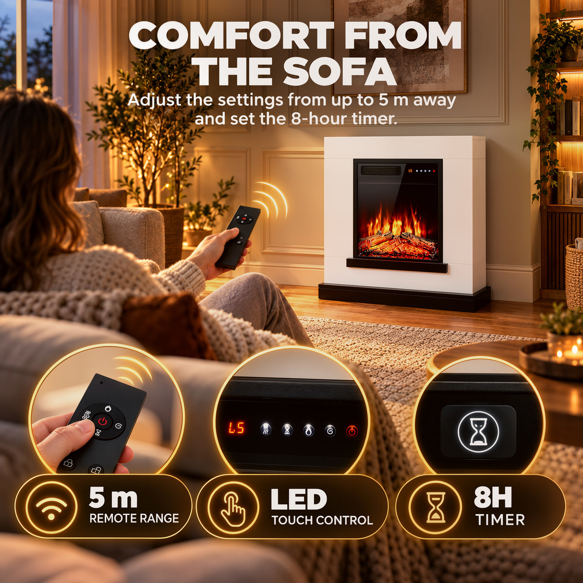 80cm Freestanding Electric Fireplace Suite | 900/1800W, Log Effect, 5 Brightness & Speed Settings | Remote, 8-Hour Timer & White Surround