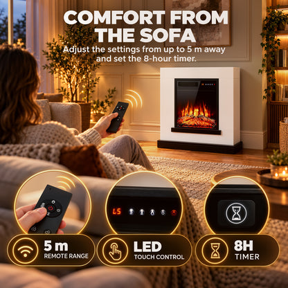 80cm Freestanding Electric Fireplace Suite | 900/1800W, Log Effect, 5 Brightness & Speed Settings | Remote, 8-Hour Timer & White Surround