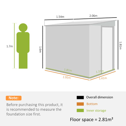 Galvanised Steel Lean-To Garden Storage Shed | Sliding Door | 2 Hooks & 2 Adjustable Shelves | 2 Vents | Floor Foundation Included | 40kg/m² Snow Rating | 154x206.5x181cm | 2.81m² | Light Grey Wood Effect