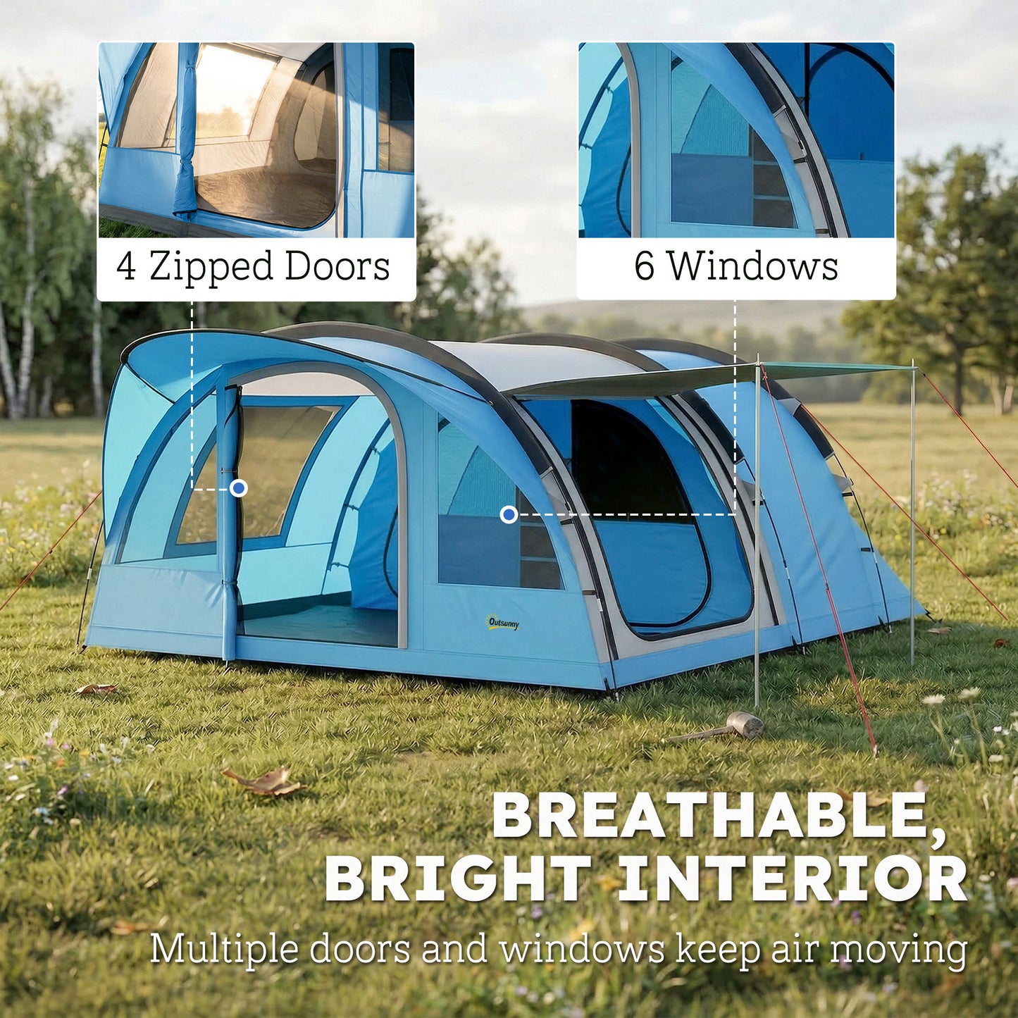 4-Person Family Camping Tent | 2 Rooms | Removable Divider | 3000mm Waterproof | Level 4 Wind Resistance | 7 Storage Pockets | Sets Up in 5-15 Mins | 565 x 370 x 200cm | Sky Blue & Grey