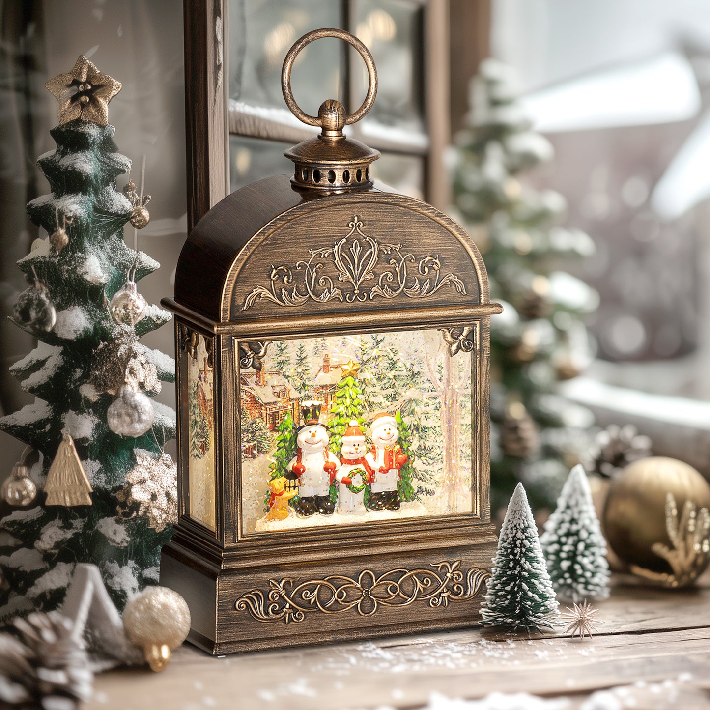 Christmas Snow Globe Lantern with Lights and Music, Swirling Glitter, Battery Operated Musical Decoration for Holiday Party Gift, Bronze Tone