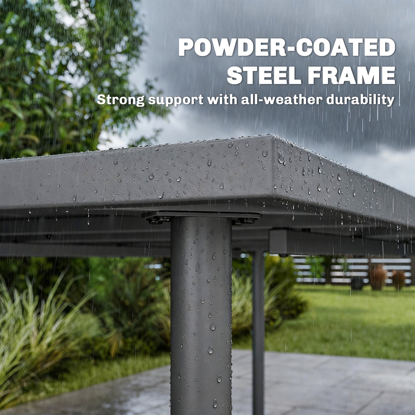 6-Seater Rectangular Garden Dining Table | Slatted Metal Top | Quick Drain | Powder-Coated Steel Frame | Foot Pads | 70kg Capacity | 165x80x74cm | Dark Grey