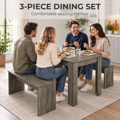 3 Piece Dining Table & 2 Bench Set | 110 x 70cm Table | Tuck-Under Seating for Up to 4 | Grey Wood Effect