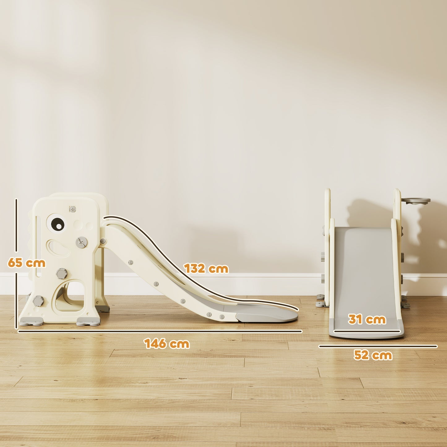 AIYAPLAY 3 in 1 Kids Slide with Climber, Basketball Hoop and Ball, Foldable Indoor Toddler Slide for Ages 2-5, Cream White