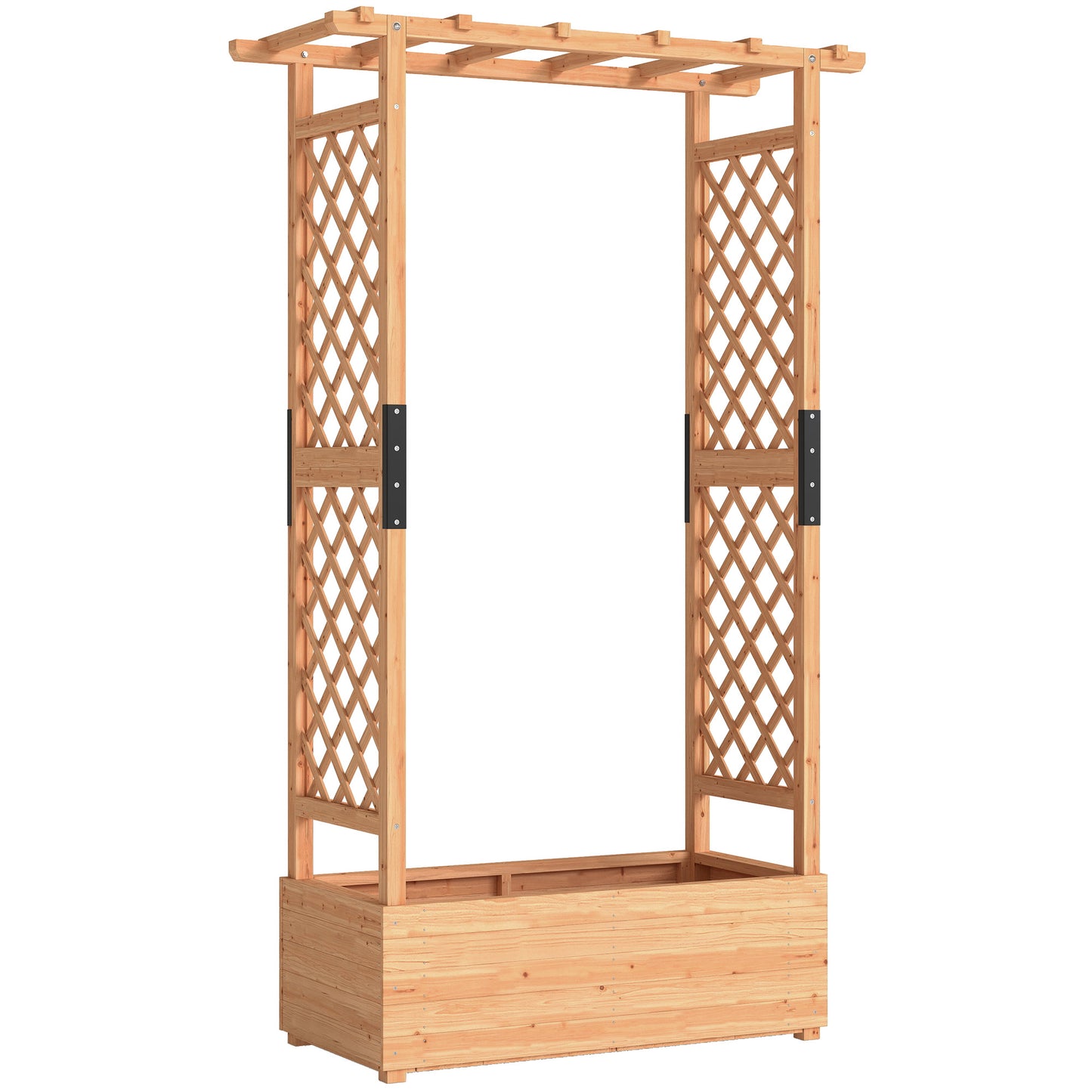 Fir Wood Garden Raised Bed with Double Trellis & Hanging Rails | 85x39cm Planting Bed | 2 Drainage Holes | 10kg Trellis Capacity | 110x44x181cm | Natural Wood Finish