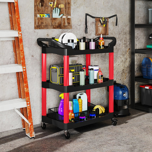 3-Tier Rolling Tool Cart, Tool Trolley on Wheels, Plastic Mobile Service Utility Cart W/ Handles for Garage, Mechanics and Warehouse, 91kg Capacity