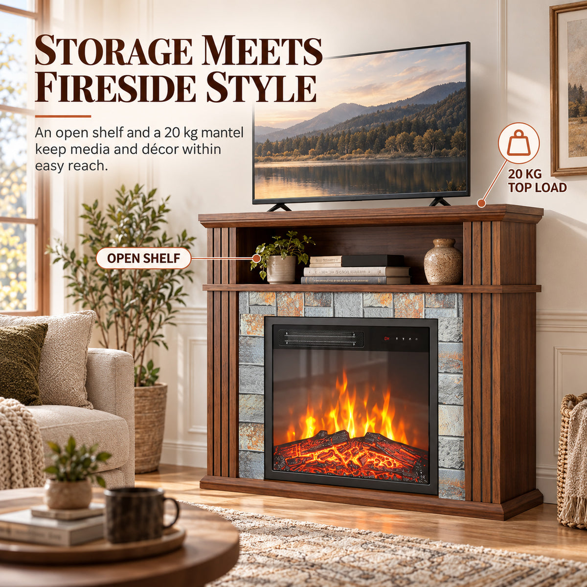 Electric Fireplace Suite | 1800W Fire & Wood-Effect Surround | 78cm, Open Shelf & Roman-Style Pillars | Remote, Timer & Memory