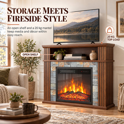 Electric Fireplace Suite | 1800W Fire & Wood-Effect Surround | 78cm, Open Shelf & Roman-Style Pillars | Remote, Timer & Memory