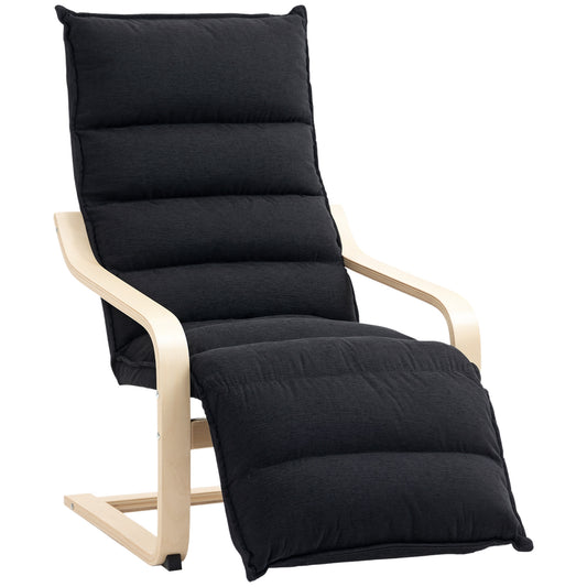 Wood Lounge Chair, Upholstered Recliner Lounge Seat with Adjustable Footrest, Armchair for Living Room, Bedroom, Balcony, Office, Black
