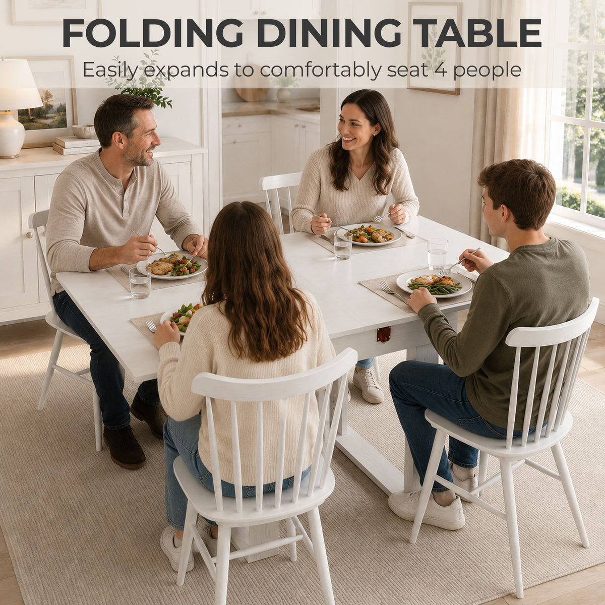 Extendable Folding Dining Table with Hidden Storage | Steel Rail | 70cm to 140cm | Seats 2 to 4 | Melamine Particleboard | Non-Slip Felt Pads | Wall-Flat Storage | White | 140x70x76.5cm | 80kg Capacity