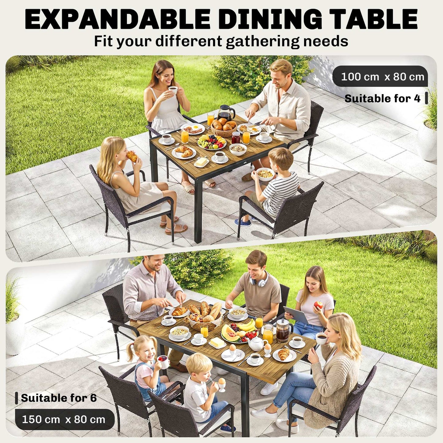 7-Piece Rattan Garden Furniture Set | 6 Seater | Extendable Acacia Wood Table 100-150cm | 6 Stackable High-Back Armchairs | Washable Cushion Covers | PE Rattan & Steel Frame | Cream