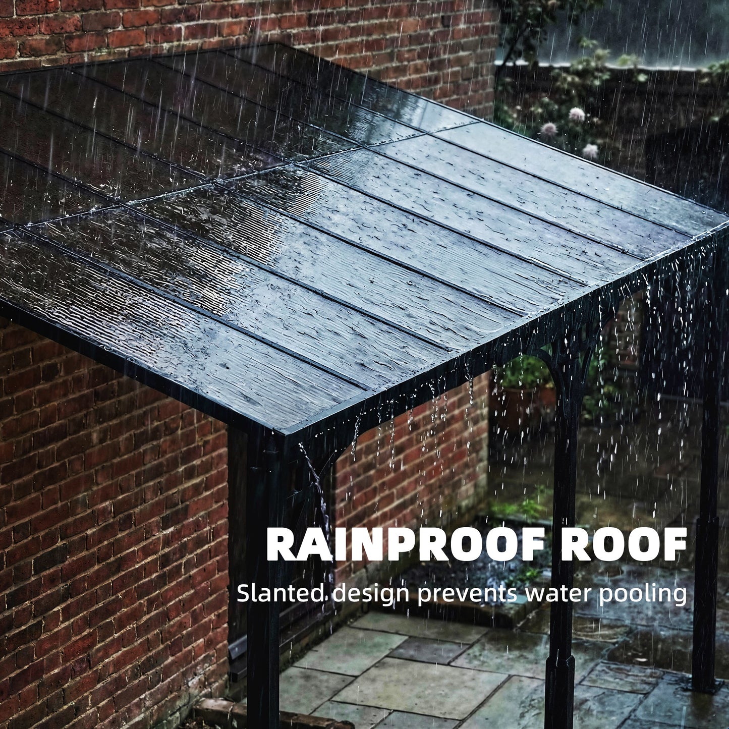 4x3m Hardtop Lean-To Pergola | 7mm Polycarbonate Roof | Galvanised Frame | Wall-Mounted | Windproof Level 6 | Brown