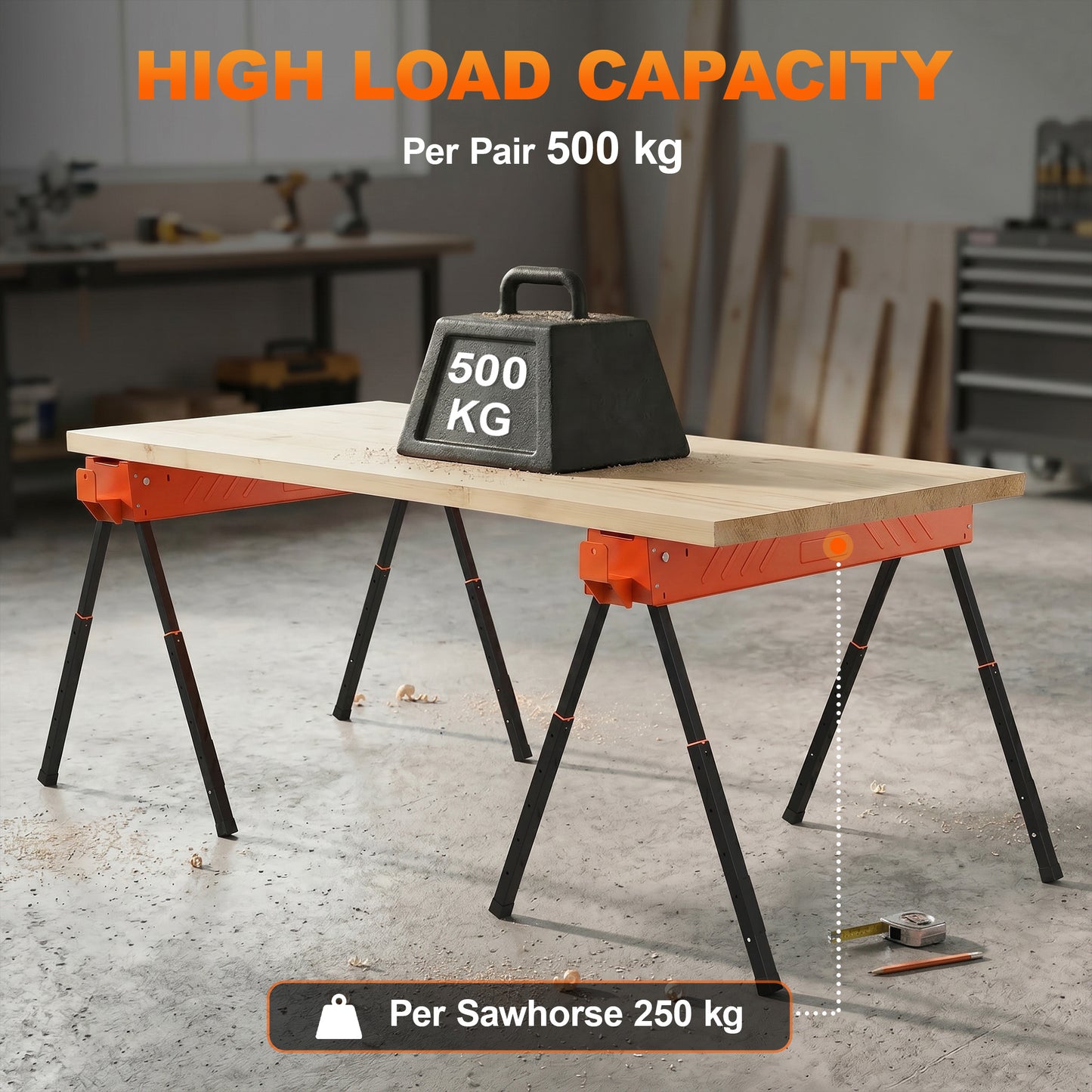 Folding Sawhorses Twin Pack | Height Adjustable 71–85.5cm | 500kg Capacity | 2x4 Bracket | Orange