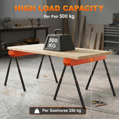 Folding Sawhorses Twin Pack | Height Adjustable 71–85.5cm | 500kg Capacity | 2x4 Bracket | Orange