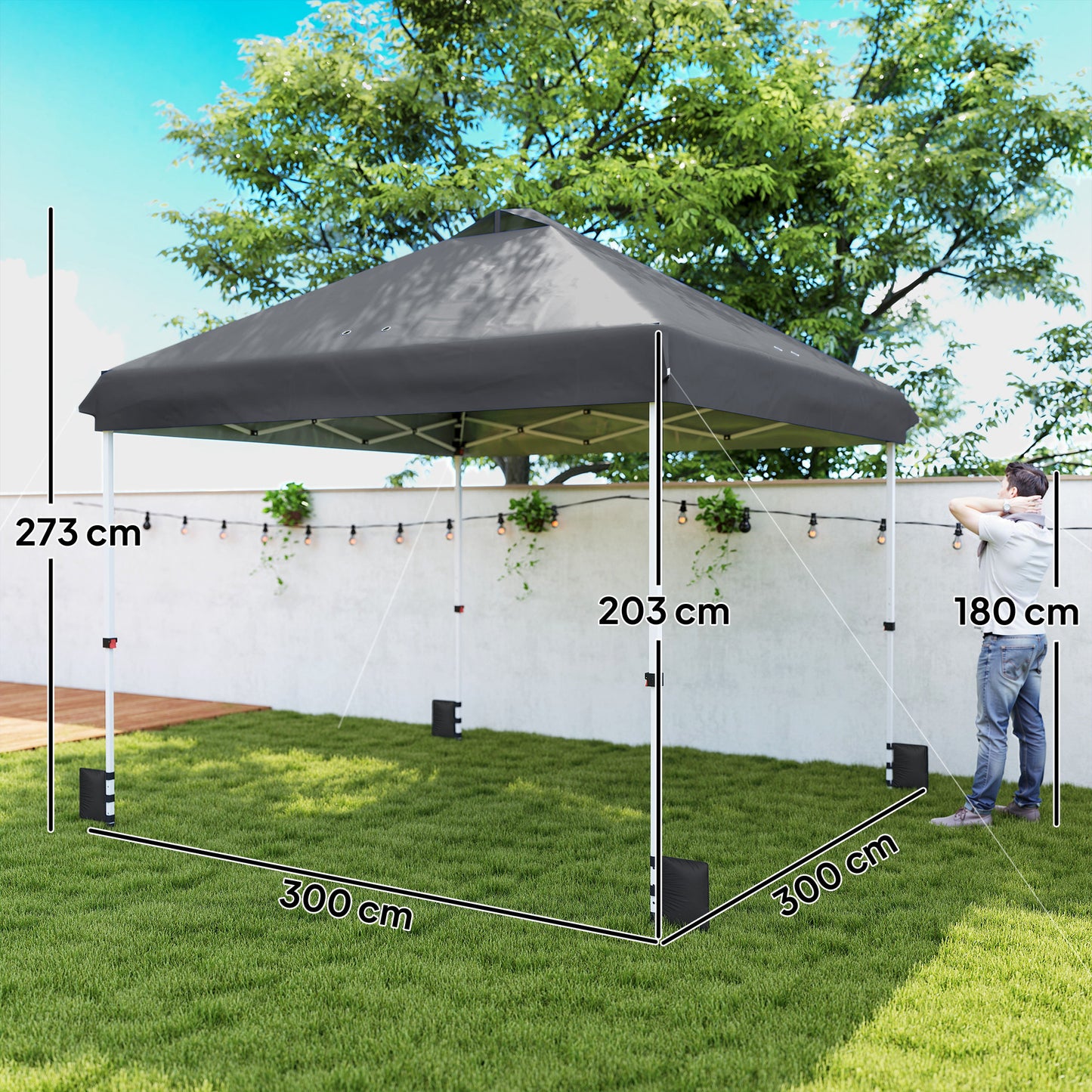 3x3m Pop-Up Gazebo with Flip-Down Wheels & One-Push Central Lock | UPF50+ 210D Oxford Fabric | Top Mesh Vent | 3-Height Adjustment | 4 Sandbags, 4 Guy Ropes & 12 Stakes | Carry Bag | 300x300x273cm | Dark Grey & White
