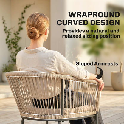Set of 2 Rattan Garden Dining Chairs | Cushions | Wraparound Armrests | Natural Wood Finish