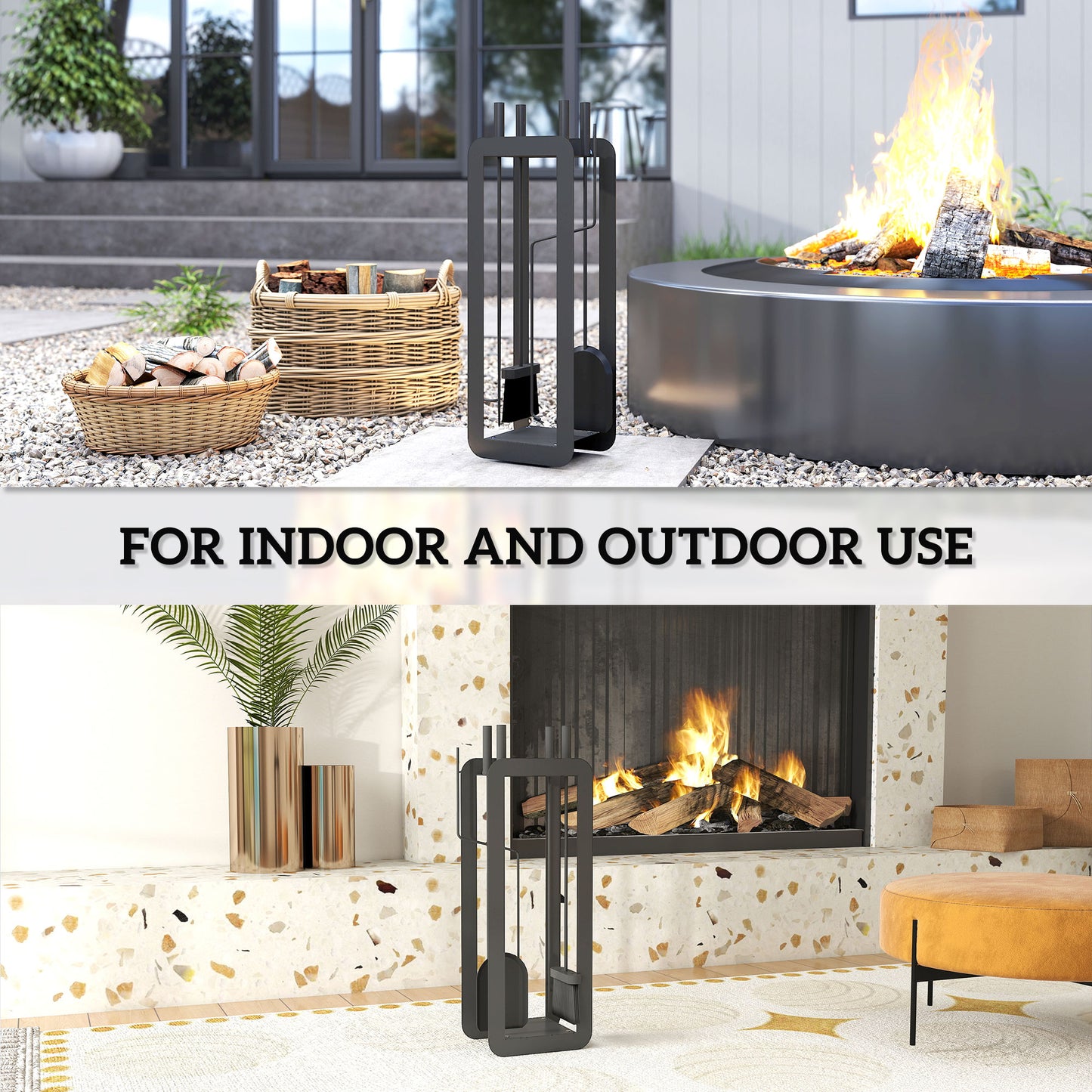 Outsunny 5 Pieces Fireplace Companion Set, Metal Fireplace Accessories Fireside Companion Set with Brush, Shovel, Poker, A Pair of Tongs, Stand