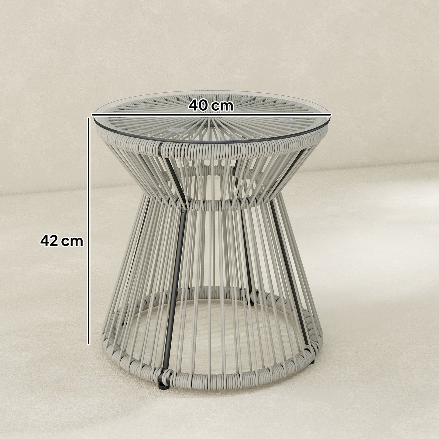 Rattan Bistro Side Table | PE Wicker String Design | 5mm Tempered Glass Top | Dia 40x42cm | Powder Coated Steel | 30kg | No Assembly | Light Grey