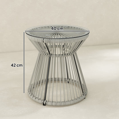 Rattan Bistro Side Table | PE Wicker String Design | 5mm Tempered Glass Top | Dia 40x42cm | Powder Coated Steel | 30kg | No Assembly | Light Grey