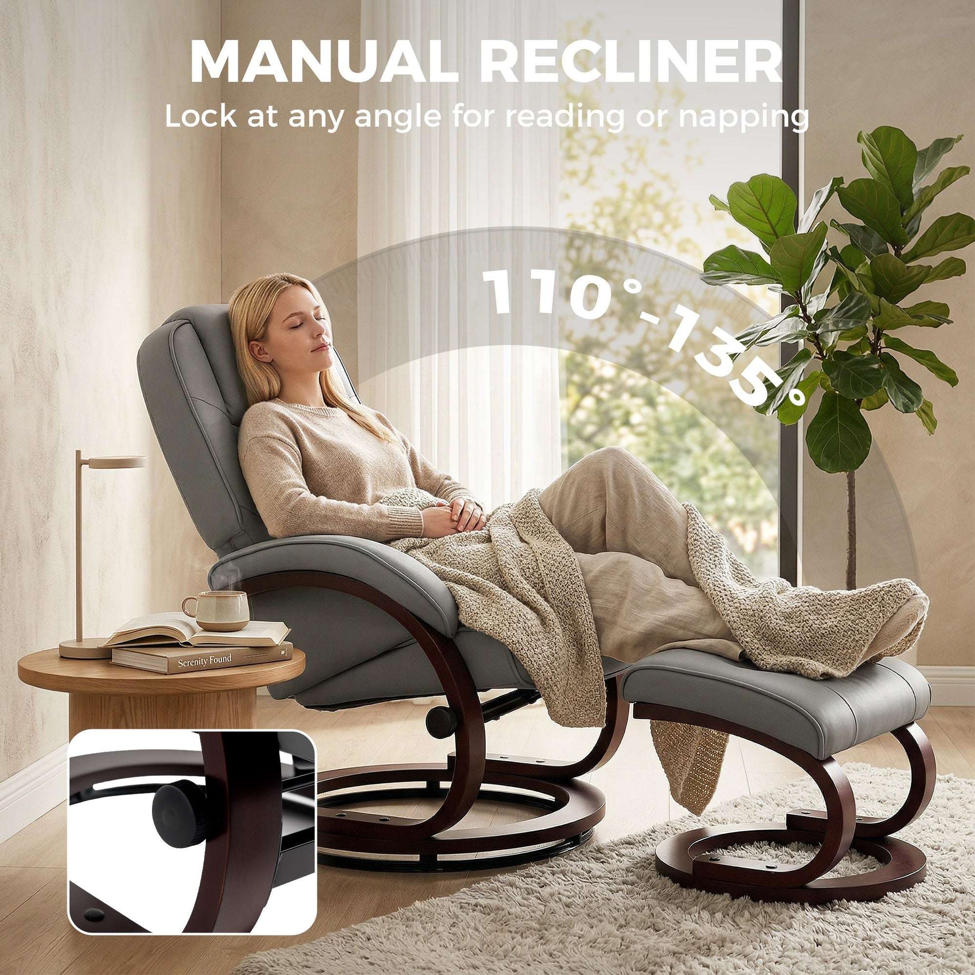 Swivel Recliner Chair & Footstool | PU Leather | 360° Swivel | 135° Recline | Bent Wood Frame | 120kg | Grey