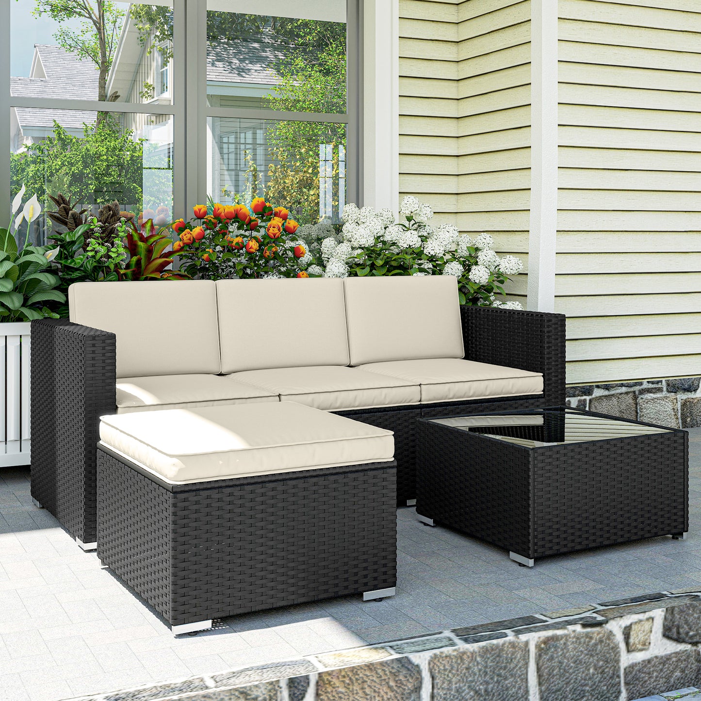 3-Piece Rattan Garden Sofa Set | 3-Seat Sofa | Ottoman | Tempered Glass Table | Zip Cushions | 360kg | Black