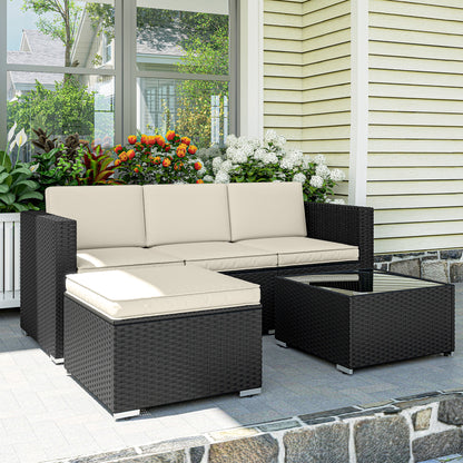 3-Piece Rattan Garden Sofa Set | 3-Seat Sofa | Ottoman | Tempered Glass Table | Zip Cushions | 360kg | Black