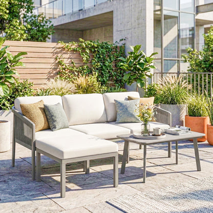 3-Piece Garden Sofa Set | 3-Seater Sofa, Footstool & Coffee Table | 10cm Cushions | 360kg | Grey