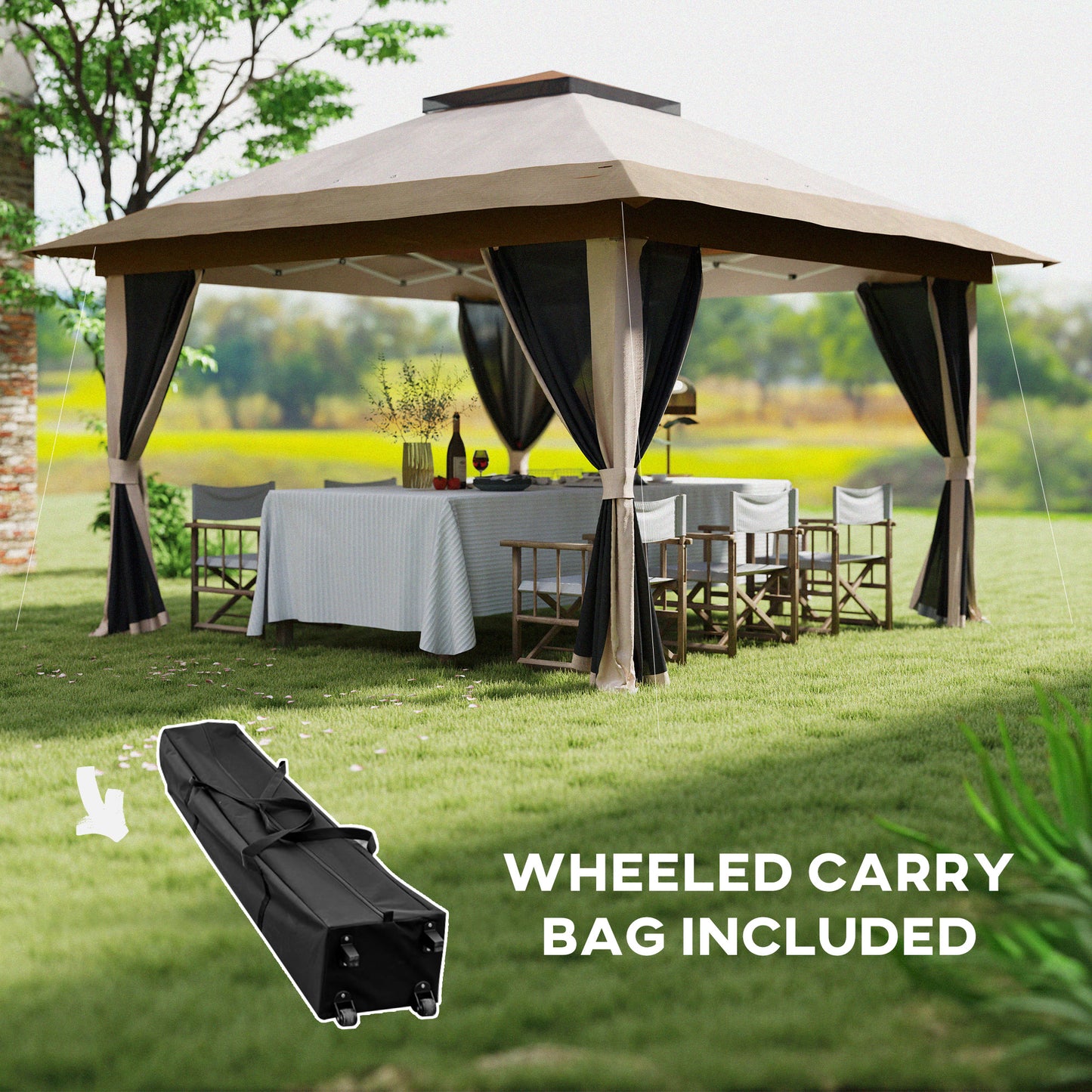 3.6x3.6m Pop-Up Gazebo | UPF50+ Oxford Fabric | Removable Mesh Walls | 3-Height Adjustment 260-280cm | 8 Drainage Holes | 4 Guy Ropes, 12 Ground Stakes & 4 Sandbags | Wheeled Carry Bag | Fits 8-12 People | Beige