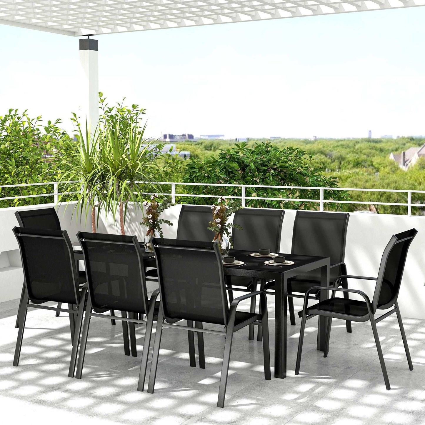Outsunny 8 Seater Garden Dining Set with, Rectangular Tempered Glass Top, Outdoor Dining Table and Chairs for Patio, Balcony, Poolside, Black