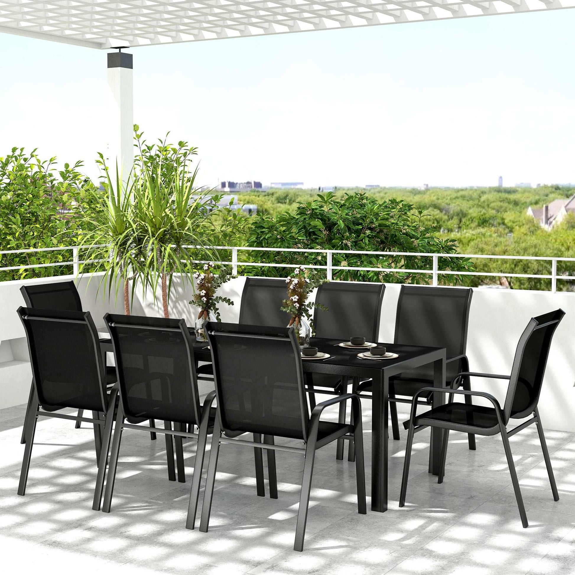 Outsunny 8 Seater Garden Dining Set with, Rectangular Tempered Glass Top, Outdoor Dining Table and Chairs for Patio, Balcony, Poolside, Black